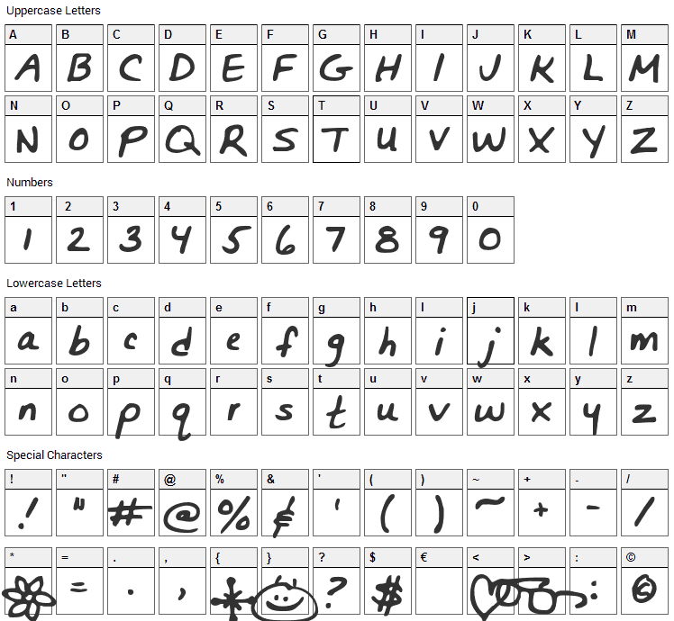 Bunnigrrrls Handwriting Font Character Map