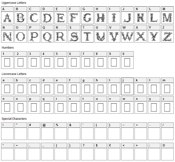 Burgoyne Initials Font Character Map