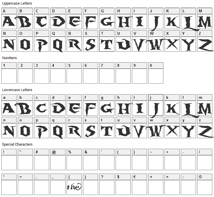 Burning Wrath Font Character Map