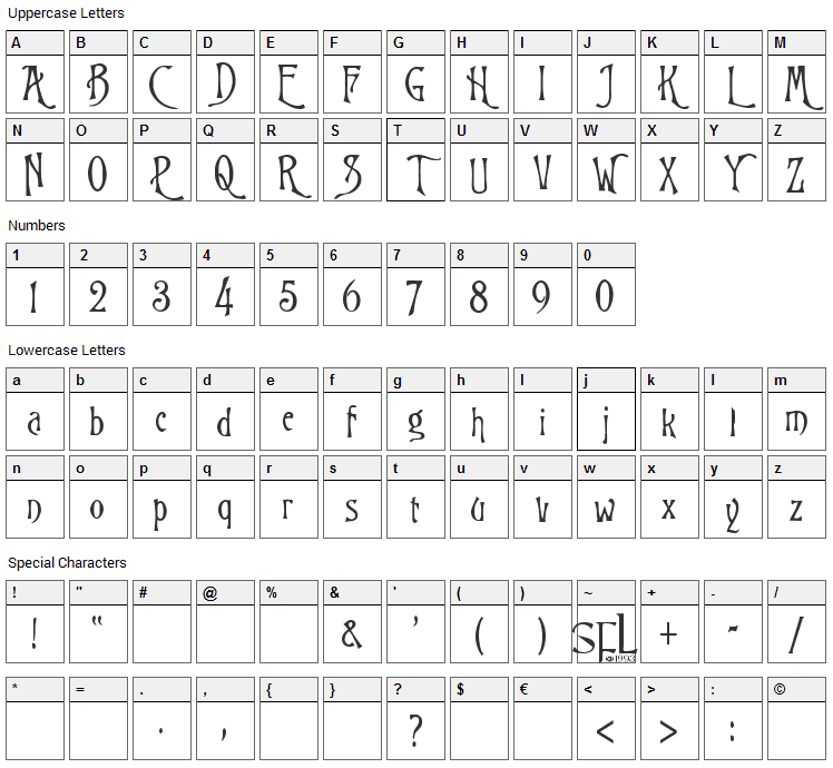 Burtons Nightmare Font Character Map