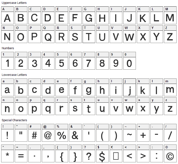 Burvetica Font Character Map