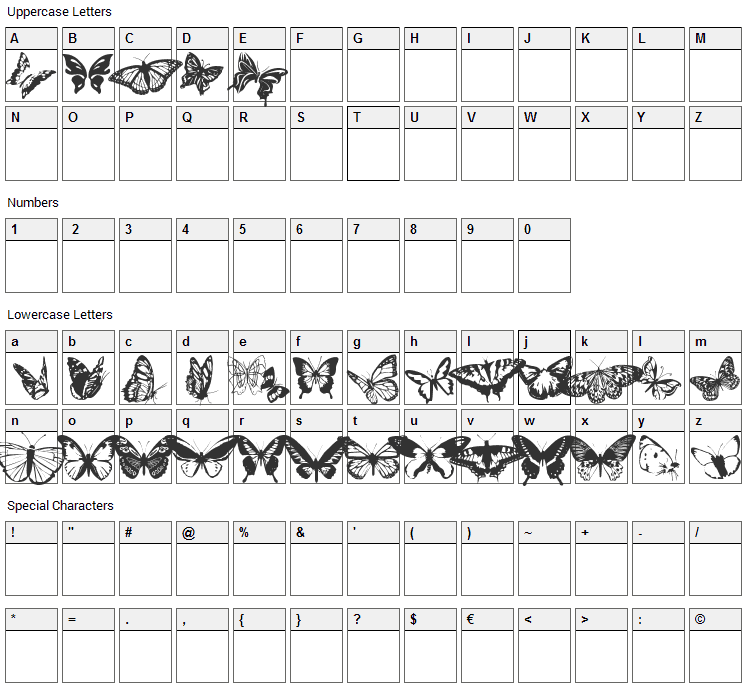 Butterflies Font Character Map