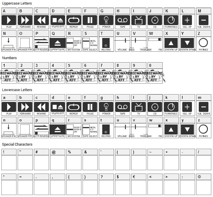 Buttons and Switches Font Character Map