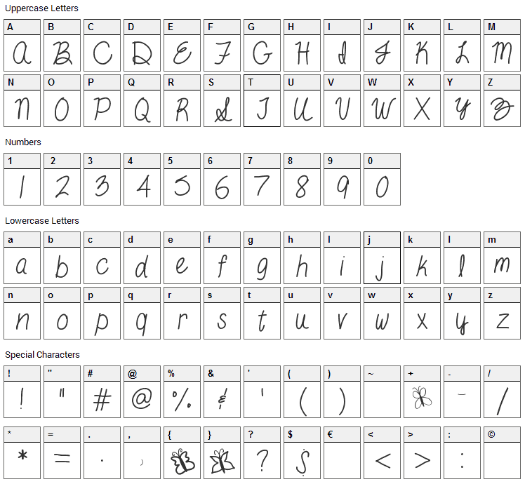 By the Butterfly Font Character Map