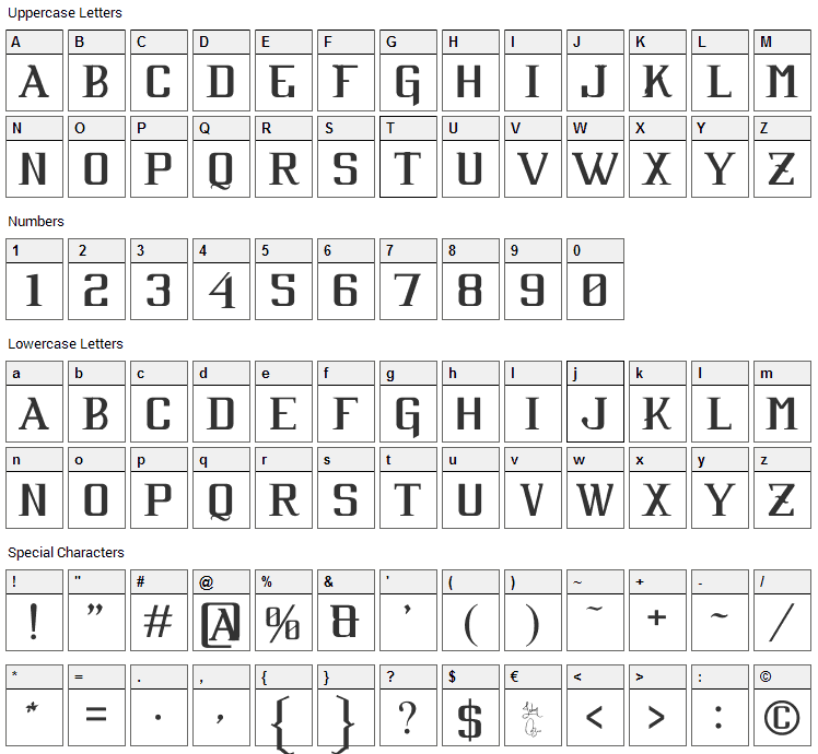 Cabaret Font Character Map