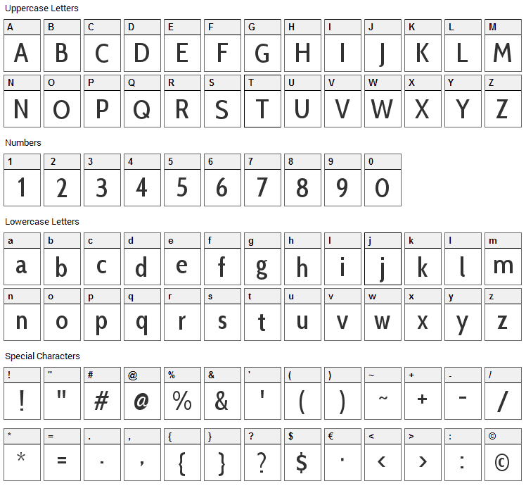 Cabin Condensed Font Character Map