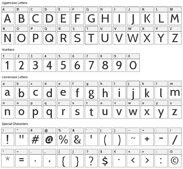 Cabin Font Character Map