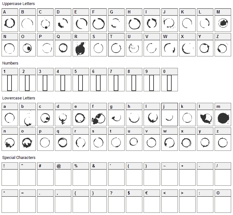 Cafeina Dig Font Character Map