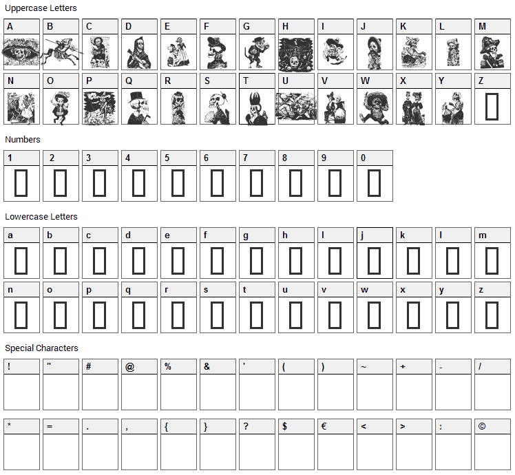 Calaveras 323 Font Character Map