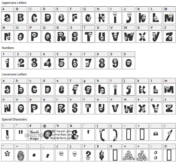 Calaveras Font Character Map
