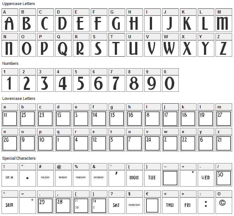 Calendar Font Character Map