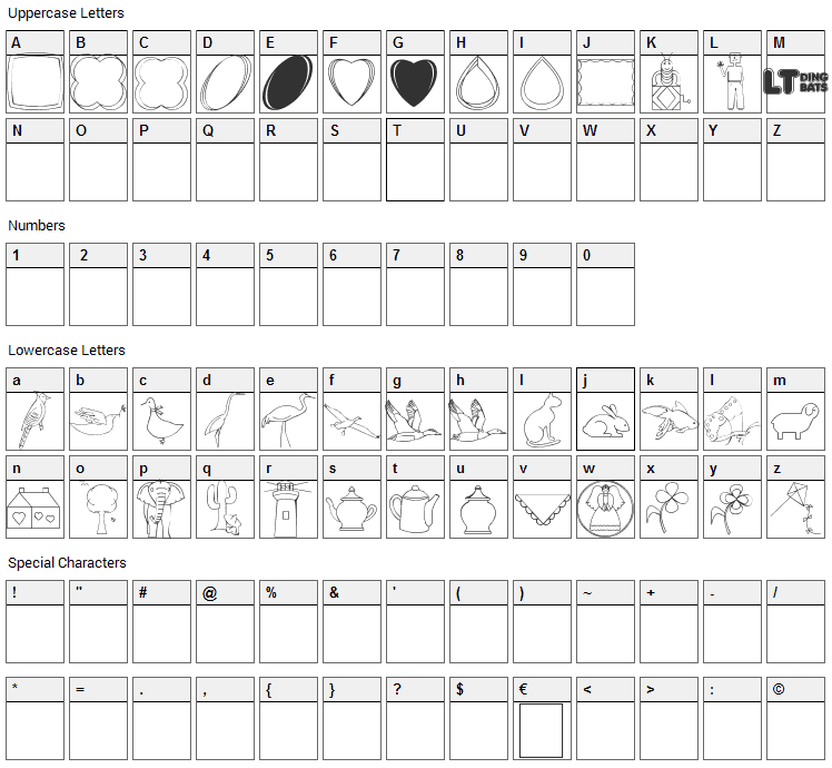 CaliKats Path Draws LT Font Character Map