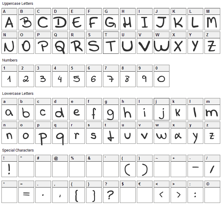 Callani Font Character Map