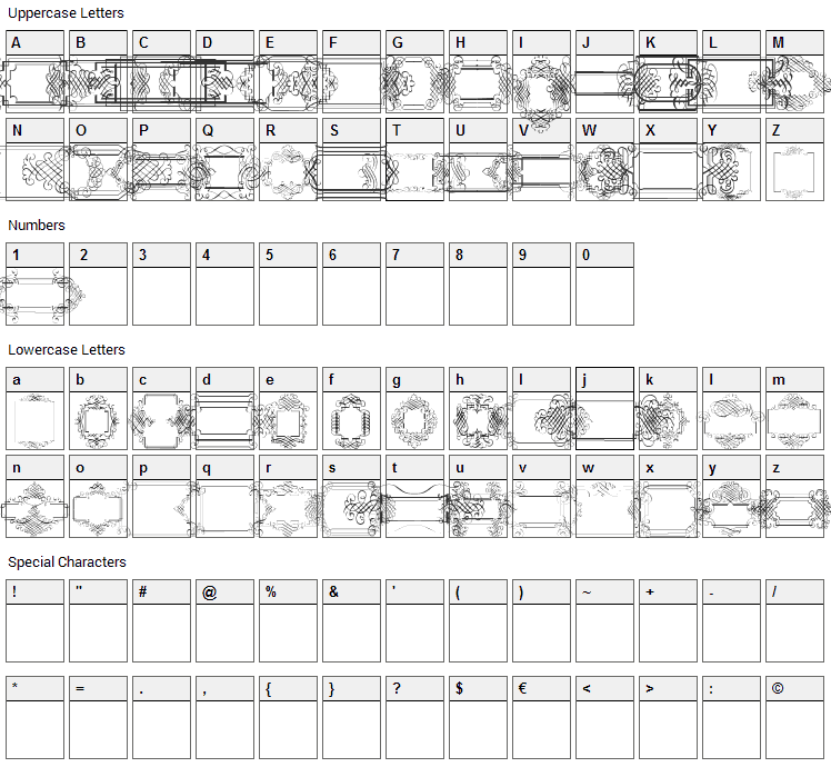 Calligraphic Frames Soft Font Character Map