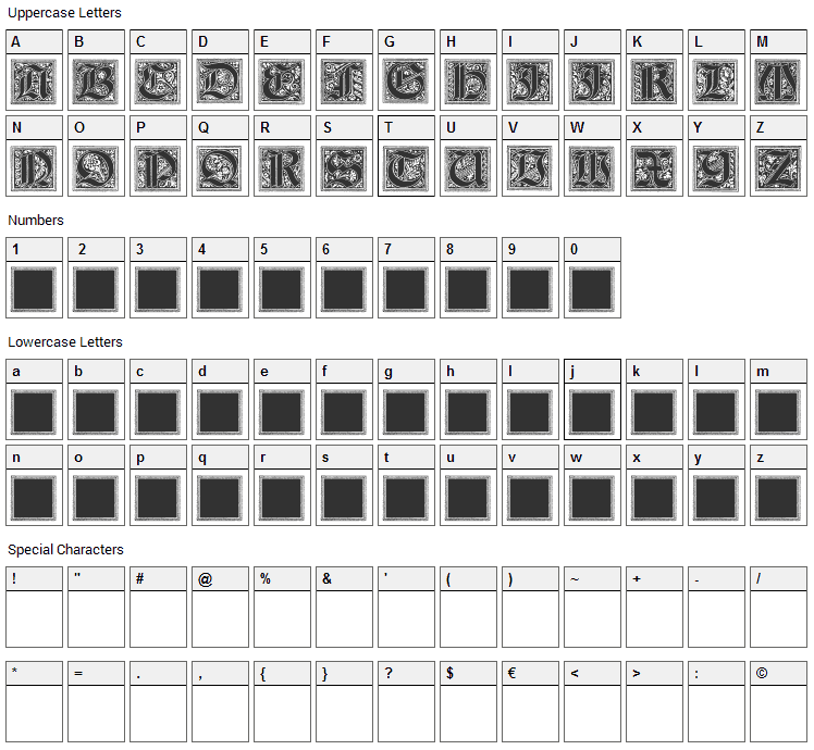 Camelot Initials Font Character Map