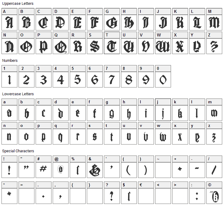 Cantara Gotica Font Character Map