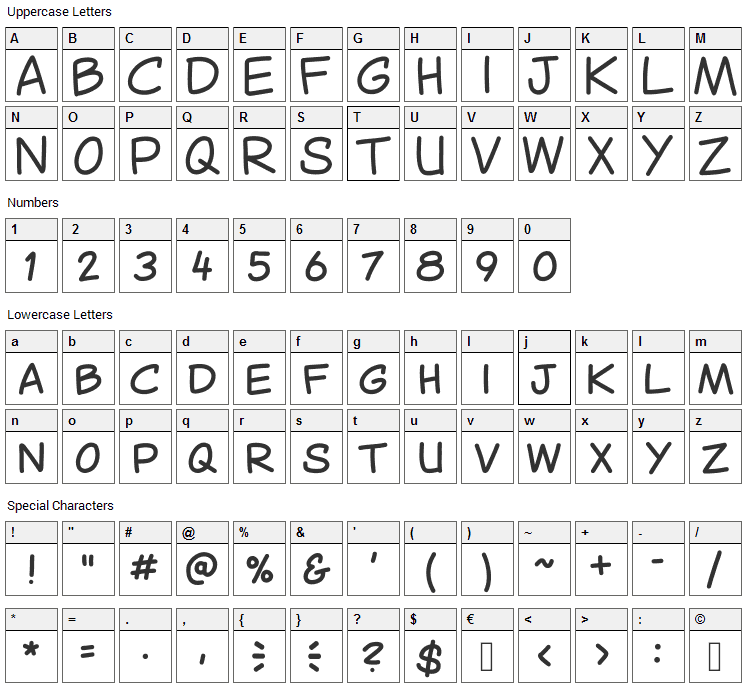 Canted Comic Font Character Map