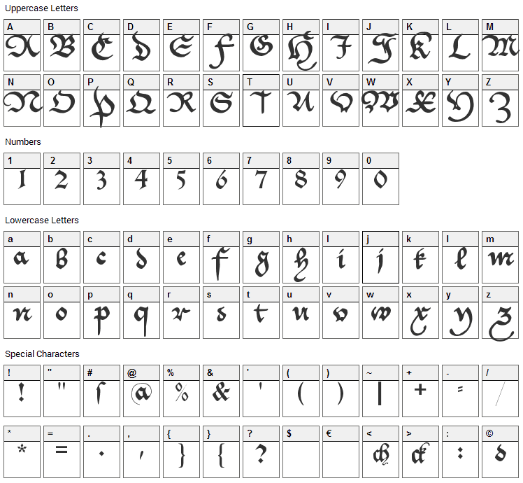 Cantzley AD1600 Font Character Map