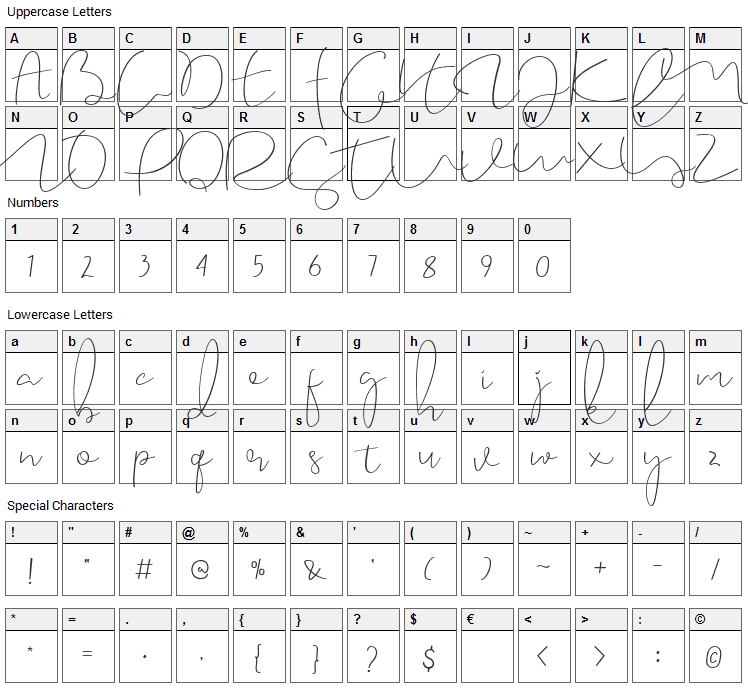 Caramellia Font Character Map