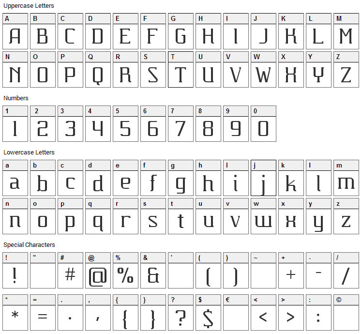 Carbona Font Character Map