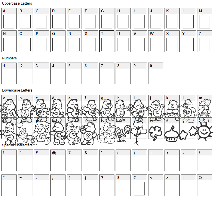 Care Bears Font Character Map