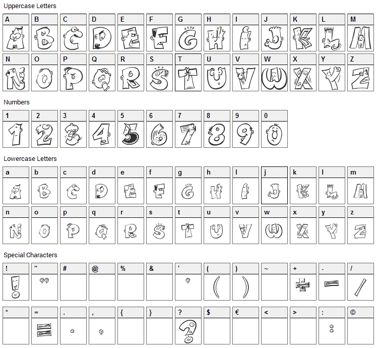 Caricature Font Character Map