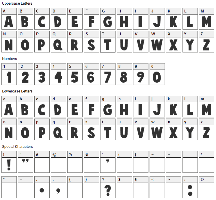 Cartoonist Kooky Font Character Map