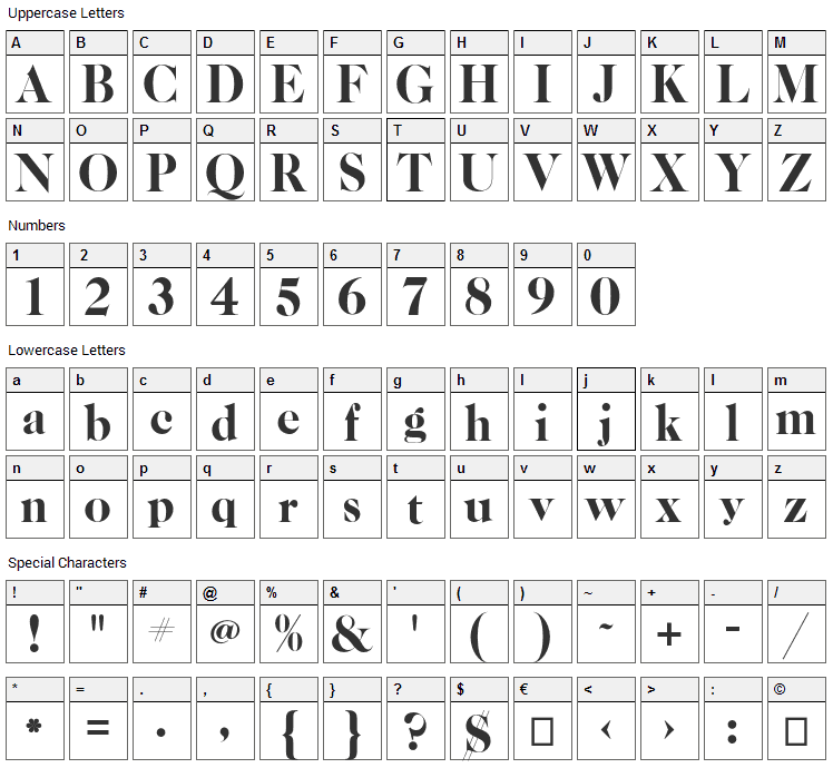 Caslon Font Character Map