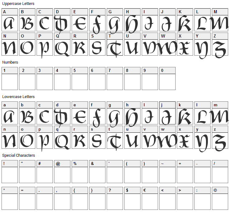Castiglione Font Character Map