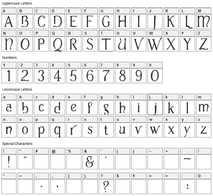 Casua Font Character Map