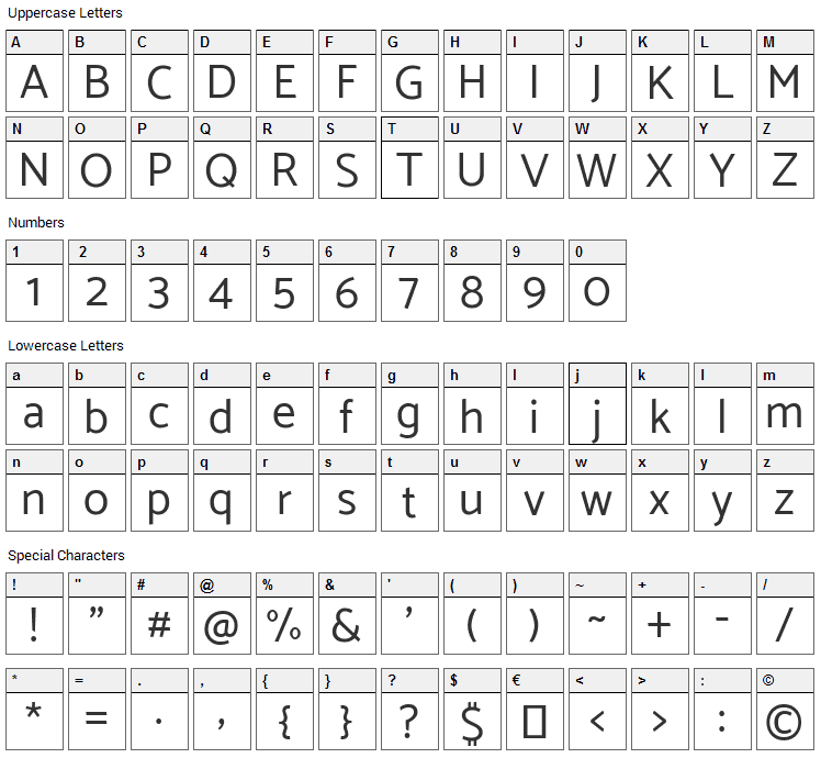 Catamaran Font Character Map