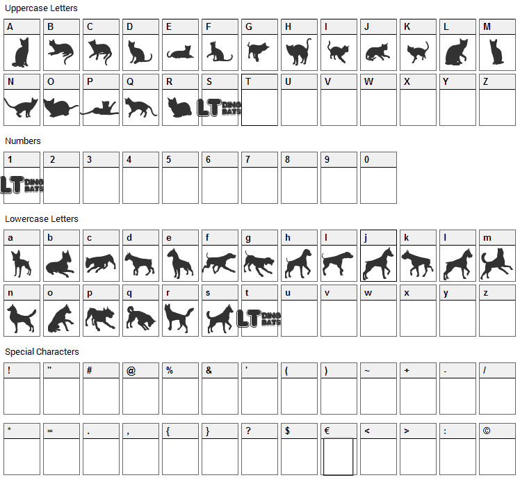 Cats vs Dogs LT Font Character Map