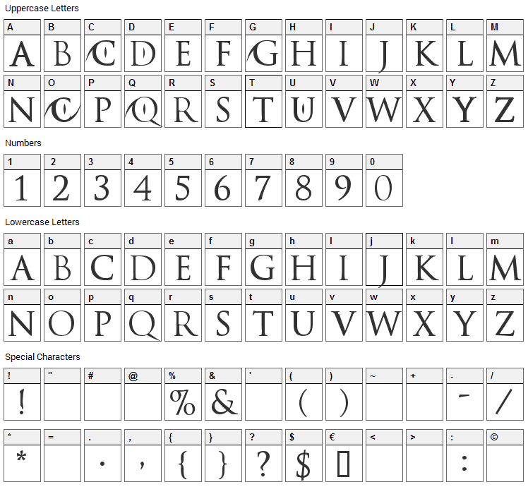 Catwoman Font Character Map