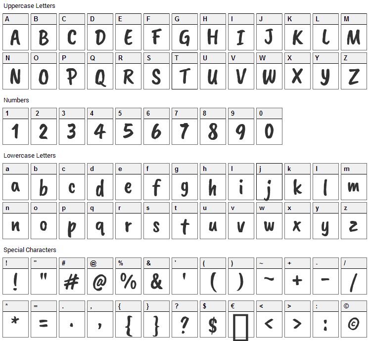 Caveat Brush Font Character Map