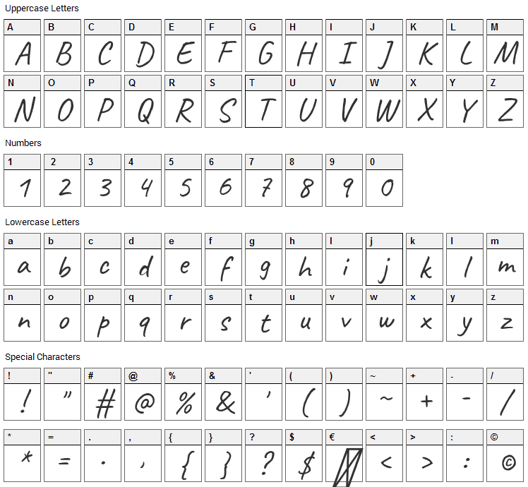 Caveat Font Character Map