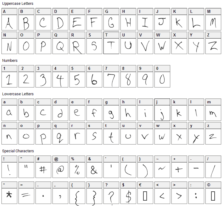 CD Writing Font Character Map