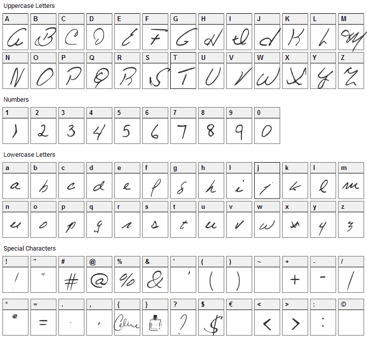 Celine Dion Handwriting Font Character Map