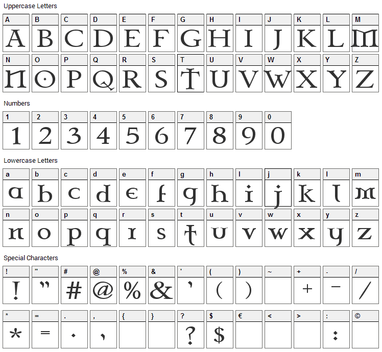 Celtic Garamond the 2nd Font Character Map