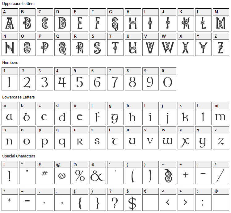 Celtic Knots Font Character Map