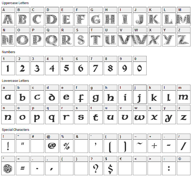 Celtic MD Font Character Map