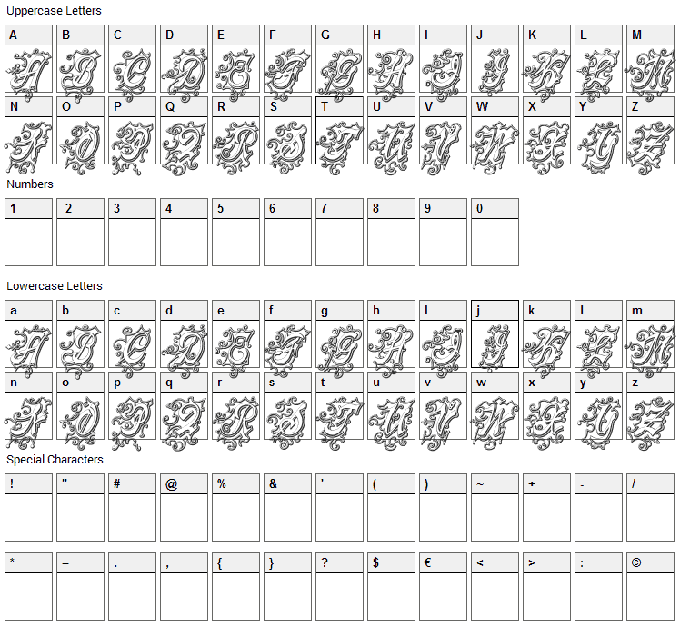 Centennial Script Fancy Three Font Character Map