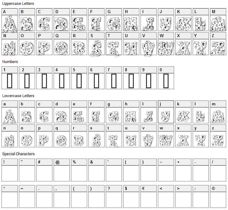 Cheese and Mouse Font Character Map