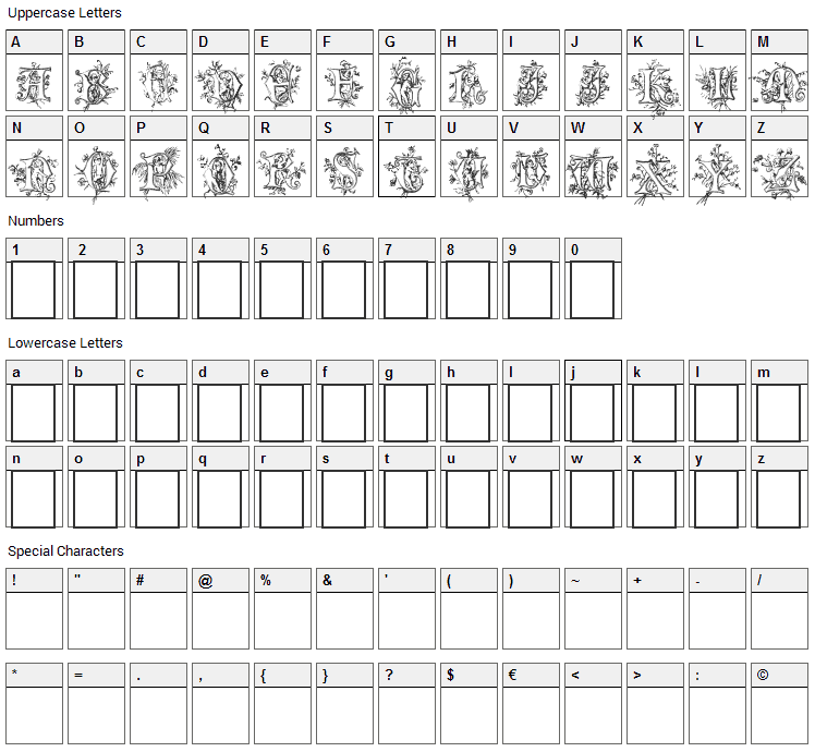 Cherubim Initials Font Character Map