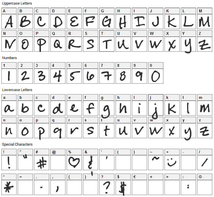 Cheryl Hand Font Character Map