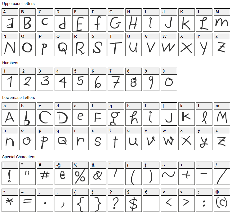 Child Written Font Character Map