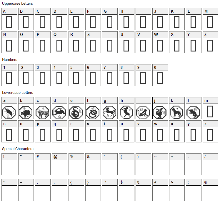 Chinese Zodiac Font Character Map