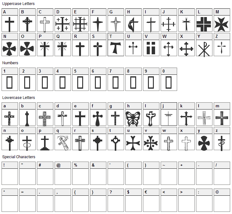 Christian Crosses Font Character Map