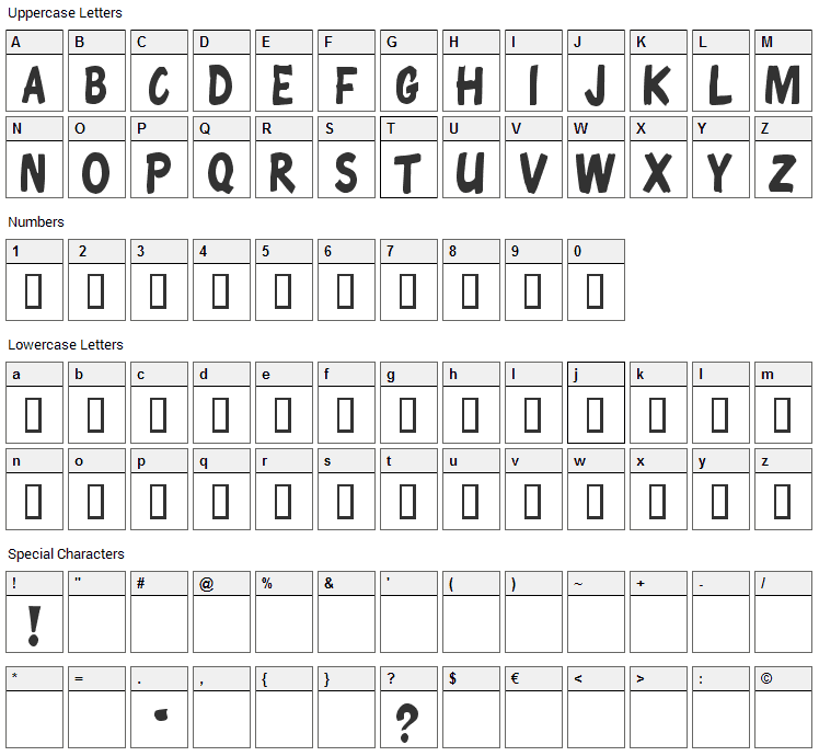 Chunky Comix Font Character Map