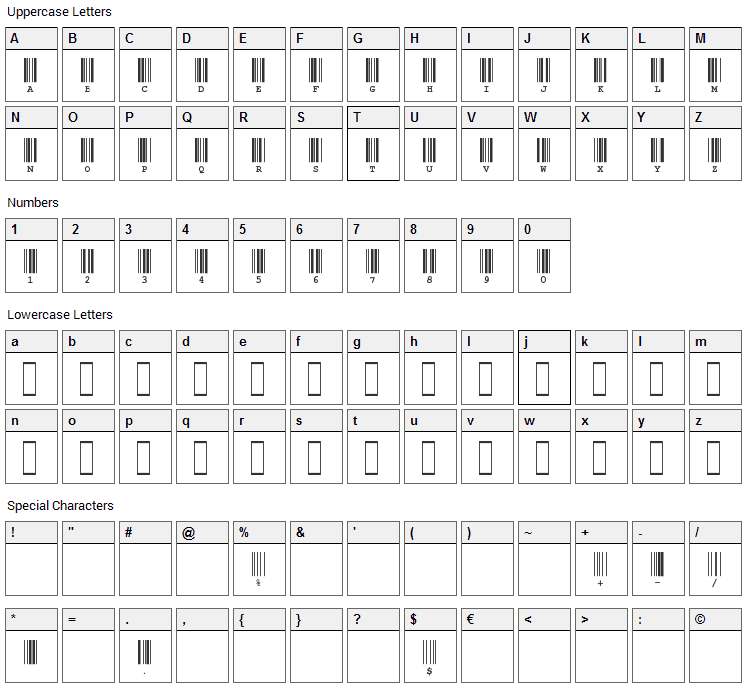 CIA Code 39 Font Character Map