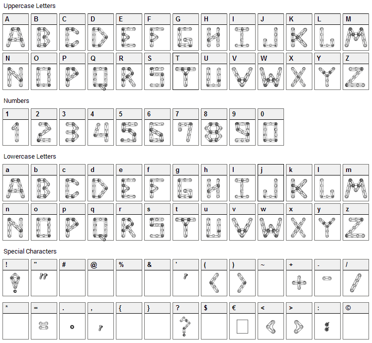 CJ Meccanector Font Character Map